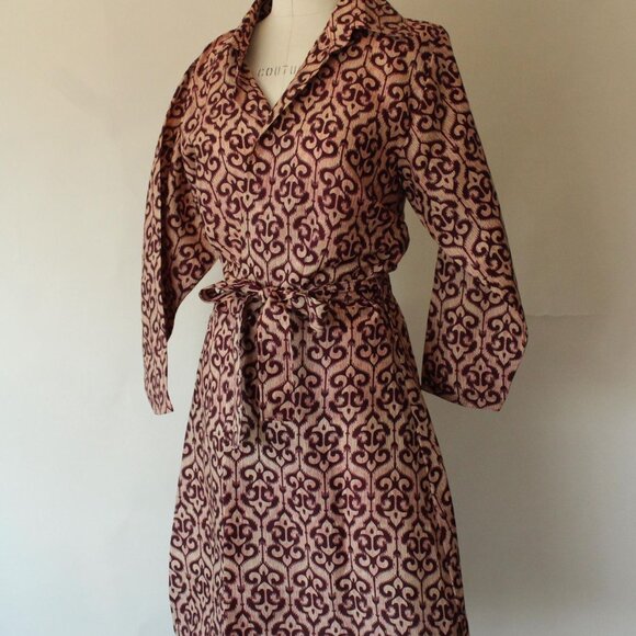 Vintage 1960s 1970s Dress, Burgundy and Ivory Batik Ethnic Print Wrap Dress - Picture 7 of 10